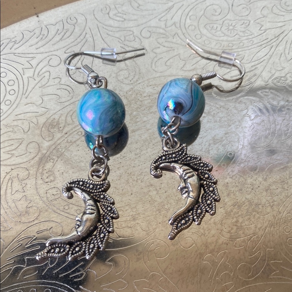 Boho Blue Beaded Earrings with Silver Charms